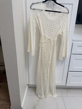 Open Knit Cream Maxi Cover-Up Dress